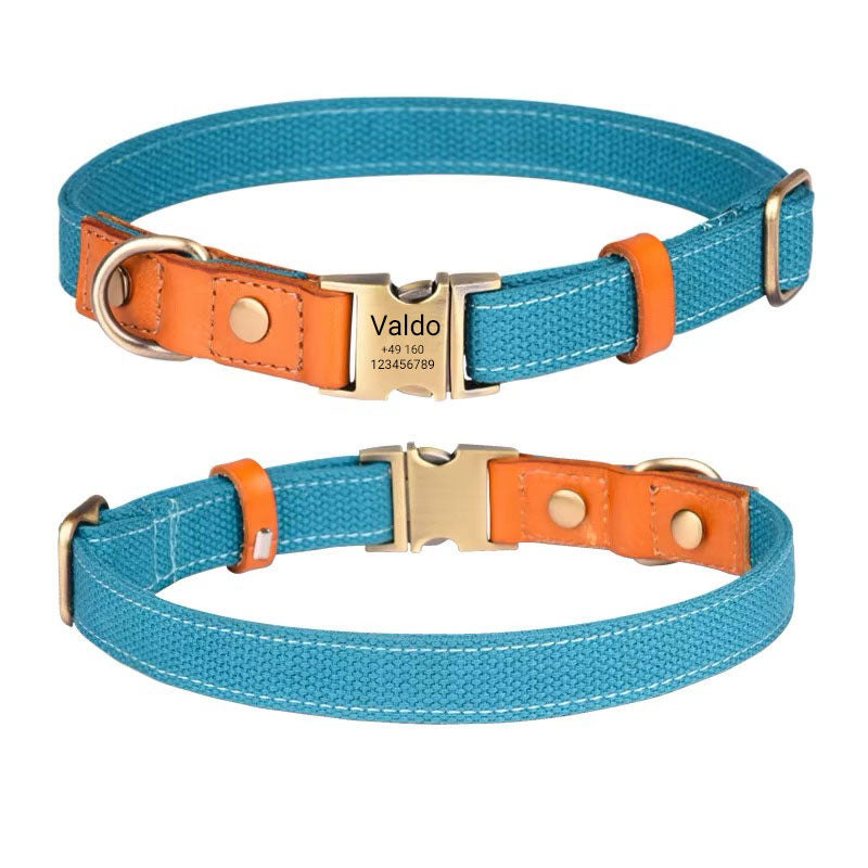 Collier pour chien « Valdo » avec gravure – sangle PE robuste et cuir – laiton mat – bleu marine, bleu clair ou vert (S–L)