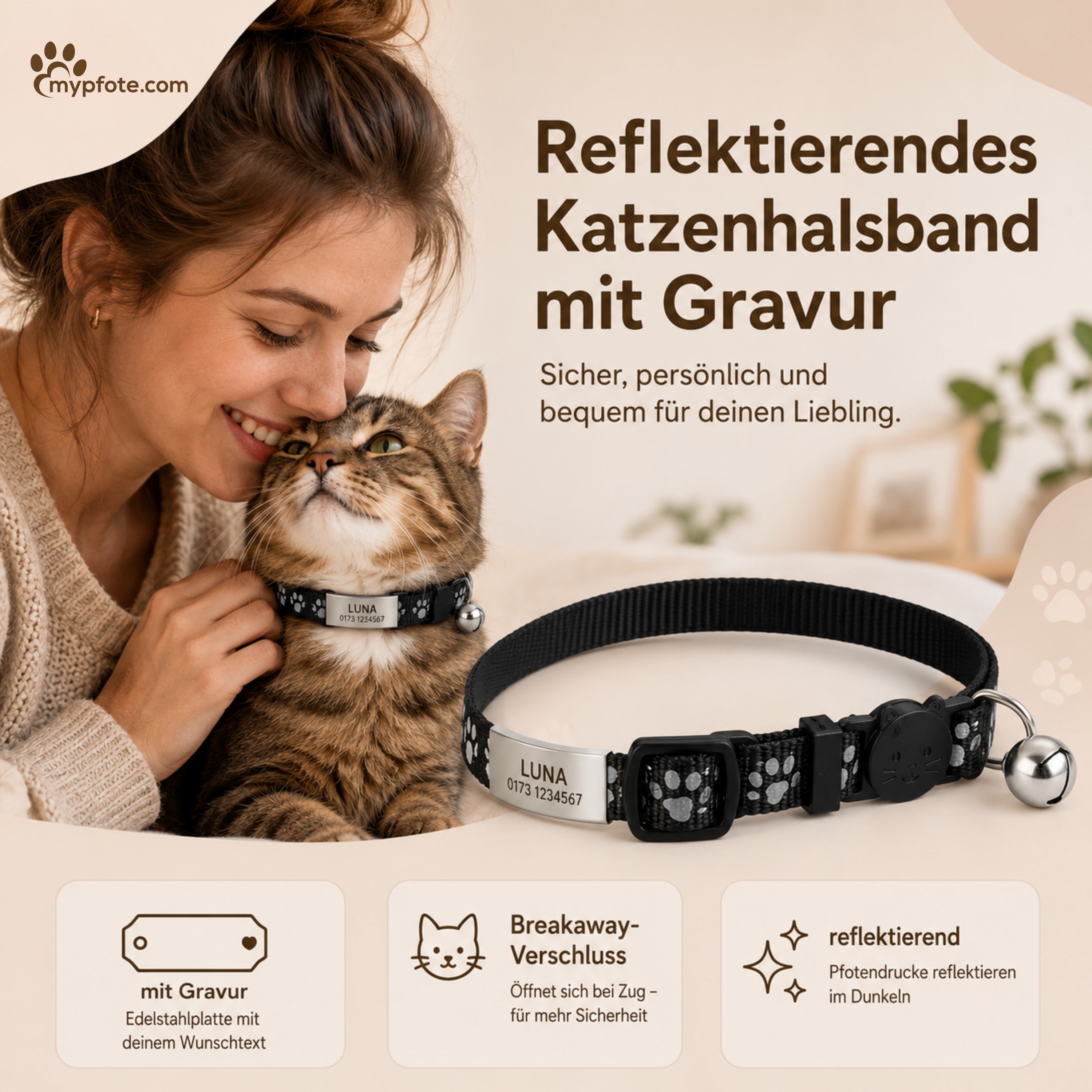 Katzenhalsband mit Name und Telefonnummer graviert