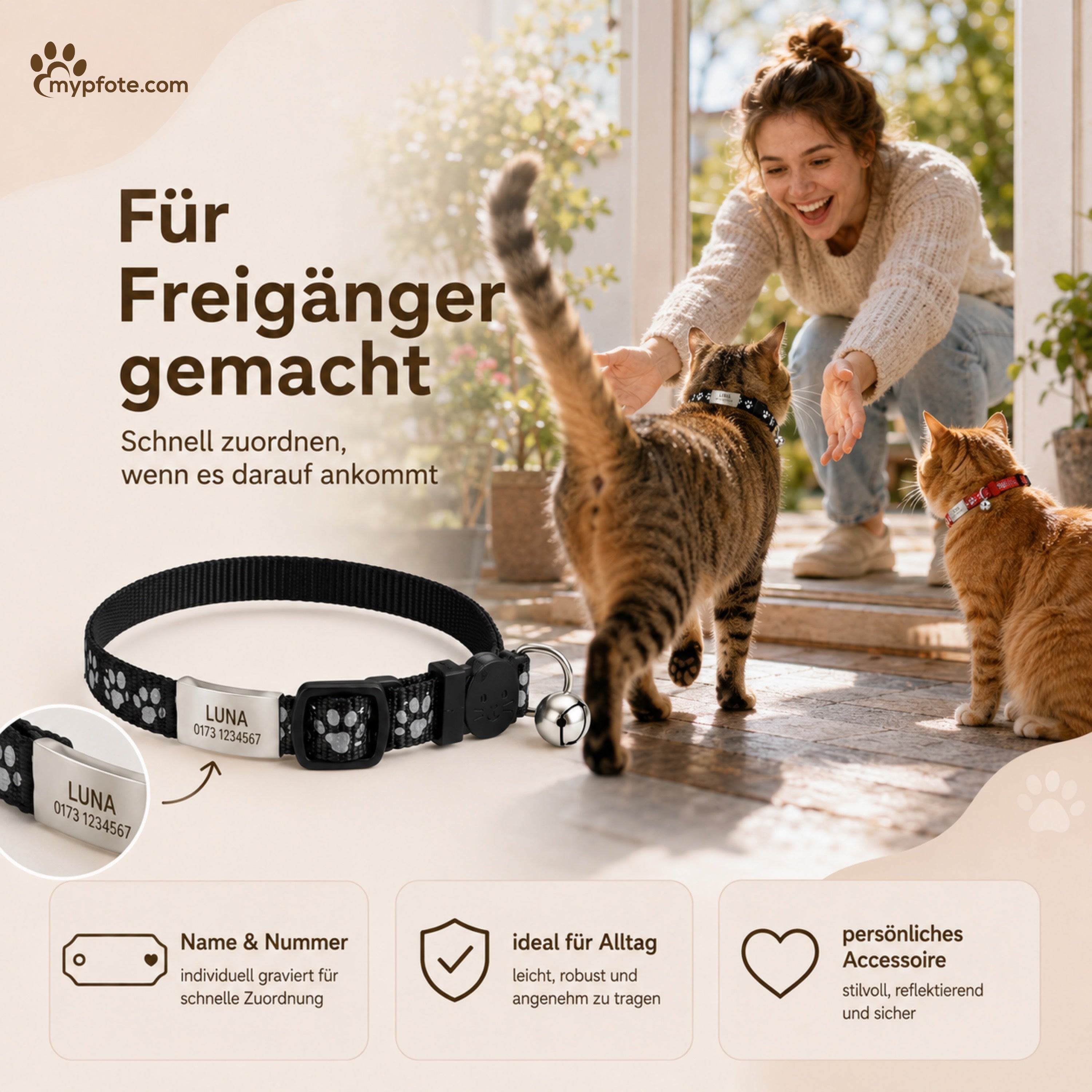 Katzenhalsband mit Name und Telefonnummer graviert