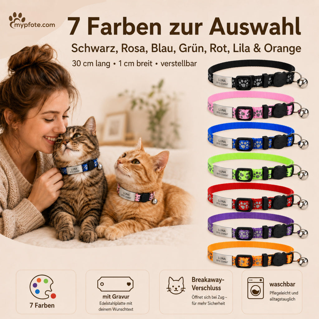 Katzenhalsband mit Name und Telefonnummer graviert