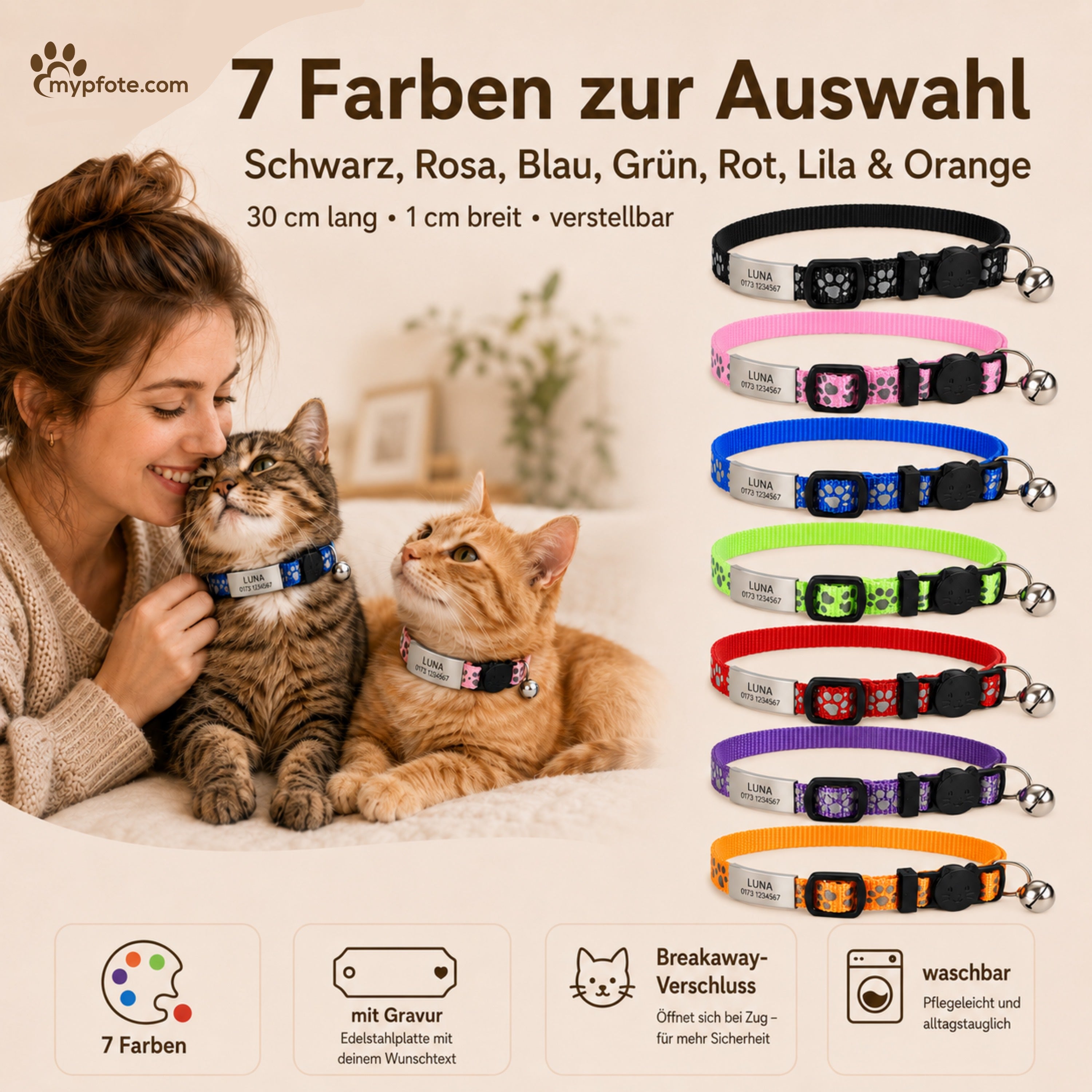 Katzenhalsband mit Name und Telefonnummer graviert