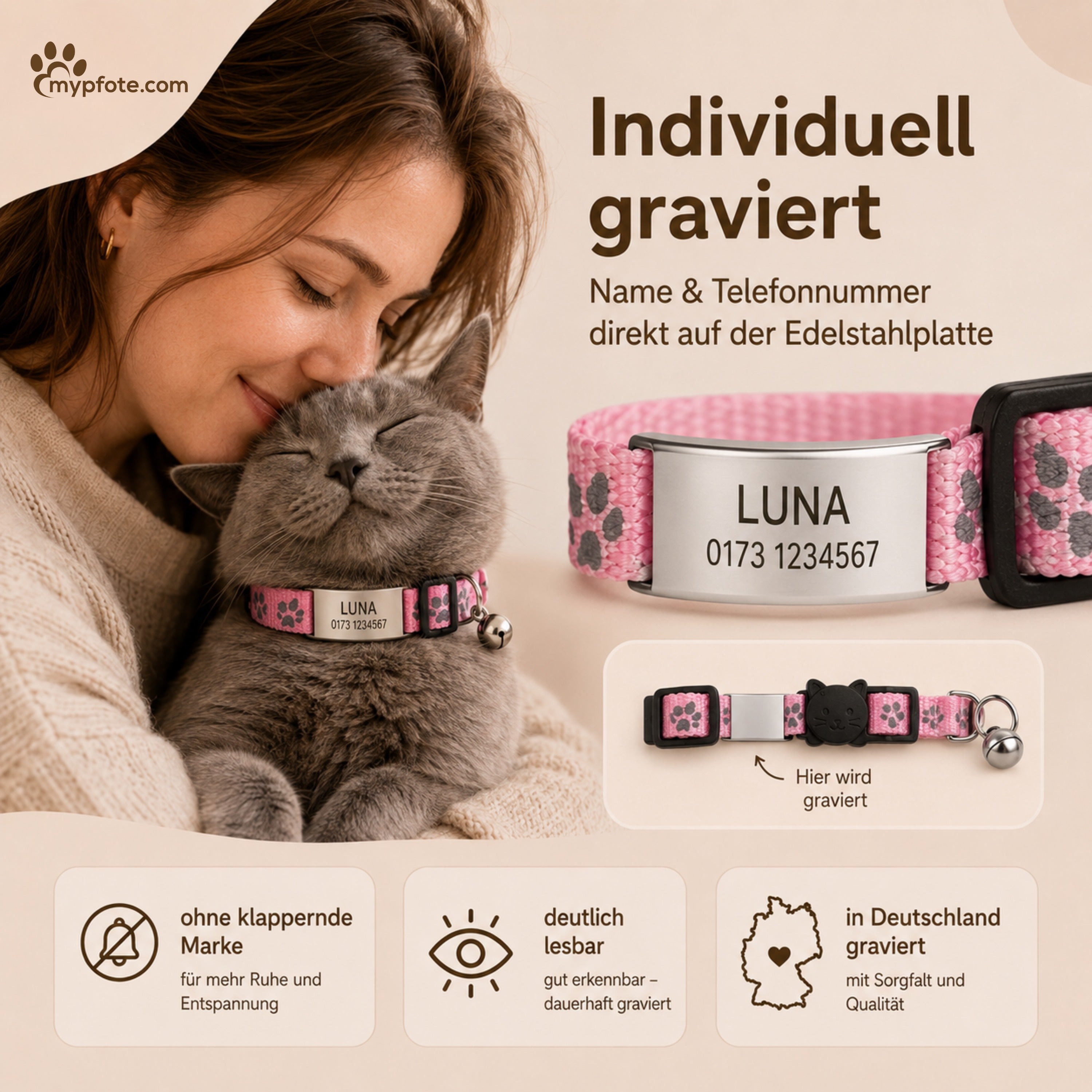 Katzenhalsband mit Name und Telefonnummer graviert