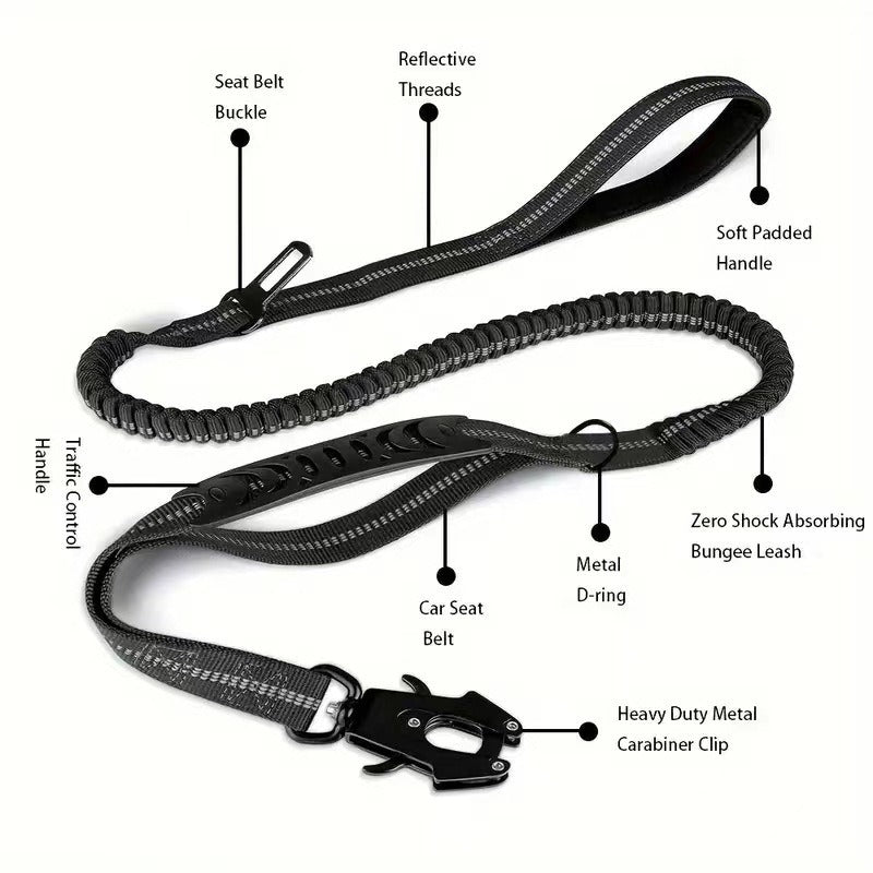 Laisse pour chien avec amortisseur, élastique, nylon robuste, 120-178cm, mousqueton - Auto